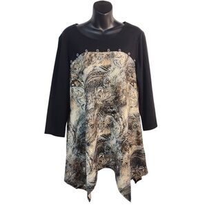 Roz & Ali Women's Multi Colors Paisle Print 3/4 Sleeves Top Tunic Sz L